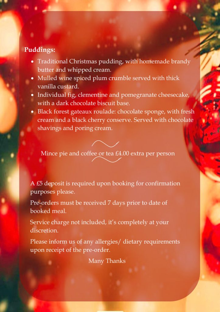 Christmas Menu 2025 - The Chetnole Inn - Pub Restaurant Bed & Breakfast. Tucked away in the beautiful Dorset countryside, close to Sherborne lies the Chetnole Inn. It is the perfect base to discover picturesque Dorset, Dorchester